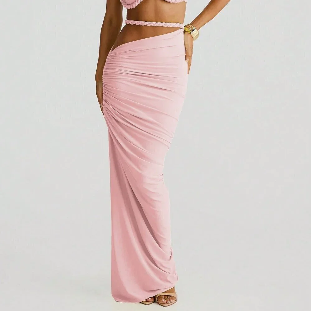 Pink Women's Sexy cropped top & Hip Hugging maxi Skirt Set